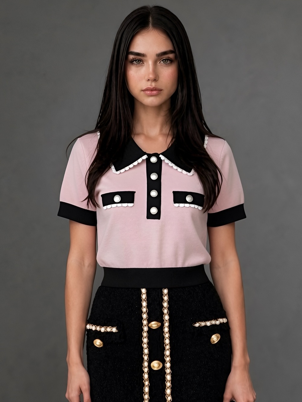 CIDER Cropped Pink Preppy Knit Polo Top with Black Trim + Pearl Buttons XS